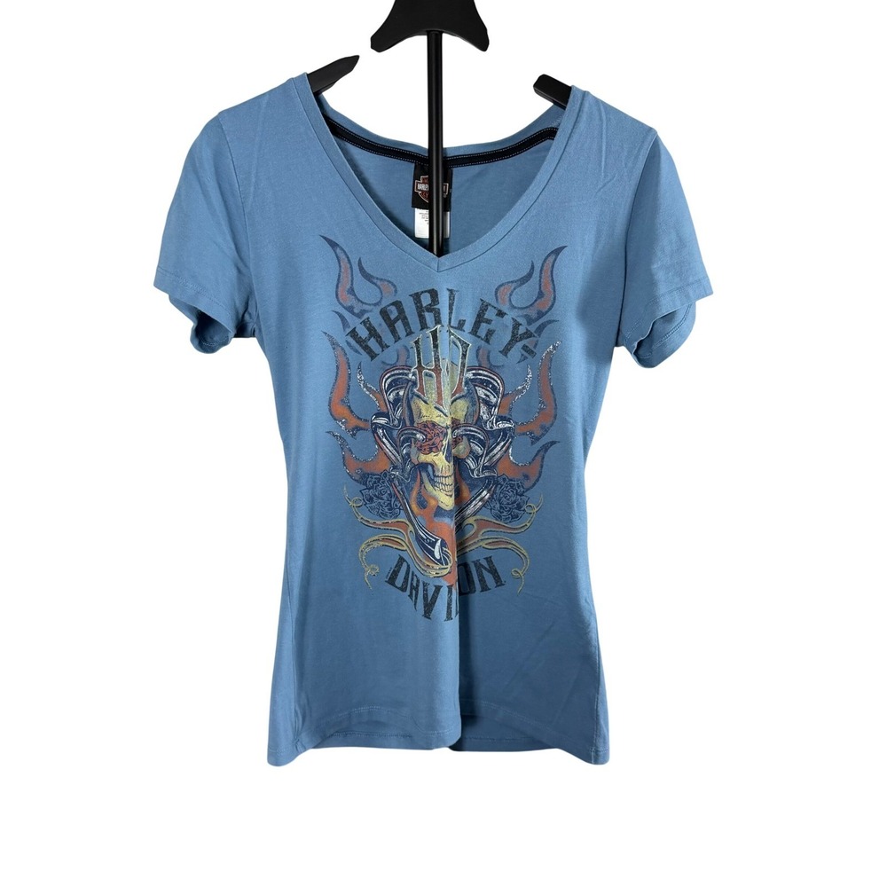 Harley Davidson Womens Blue V-Neck Skull Flame Graphic T-Shirt Charlotte NC L